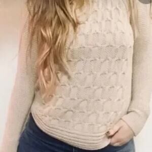 Max Studio Cream  100% Cotton Cable Knit Raglan Pullover Sweater Cabin Size M